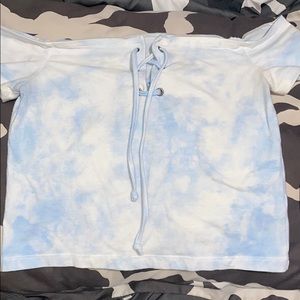 Baby blue and white off the shoulder crop top
